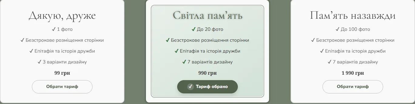Три тарифи сторінки пам’яті з обраним середнім тарифом «Світла пам’ять».